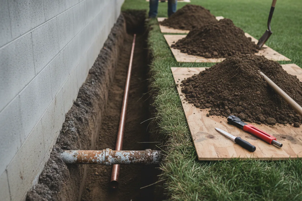 Excavated water line trench during Water Heater Repair in Pine Hill